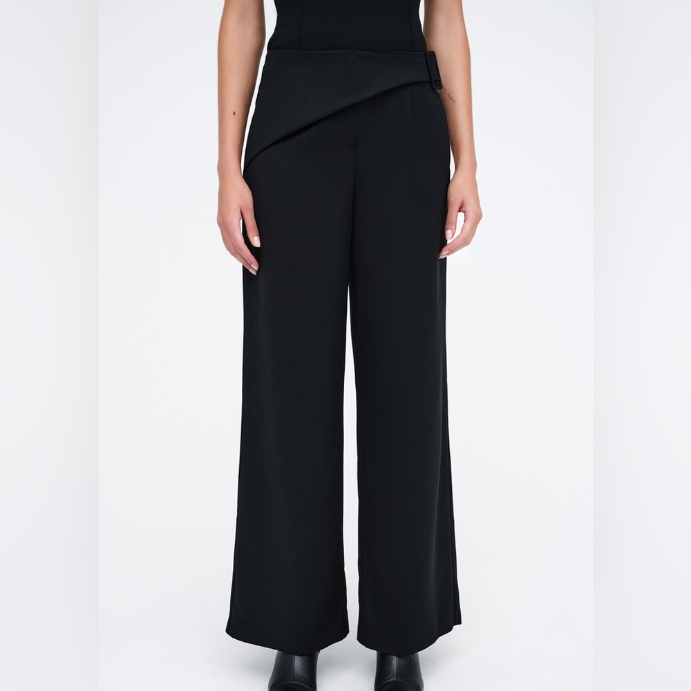 Marcella Black Straight Wide Leg Asymmetrical Waist Panel Jordan Pants Trousers - Picture 8 of 14
